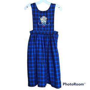 Vintage 1990s Girls 8 Plaid Jumper Flower Embroidery Blue Black Schoolgirl Dress